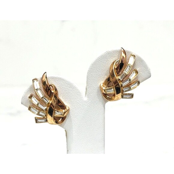 Trifari Vintage Clip On Earrings Alfred Philippe Ribbon Fan Rhinestone - Picture 6 of 12